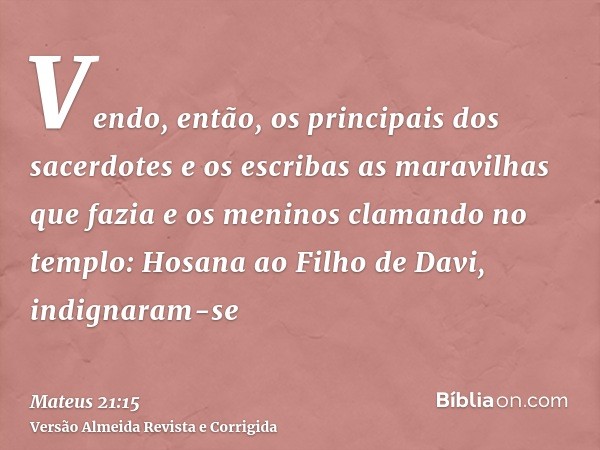 Vendo, então, os principais dos sacerdotes e os escribas as maravilhas que fazia e os meninos clamando no templo: Hosana ao Filho de Davi, indignaram-se