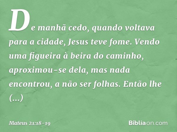 De manhã cedo, quando voltava para a cidade, Jesus teve fome. Vendo uma figueira à beira do caminho, aproximou-se dela, mas nada encontrou, a não ser folhas. En