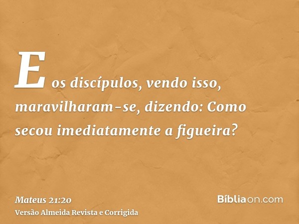 E os discípulos, vendo isso, maravilharam-se, dizendo: Como secou imediatamente a figueira?