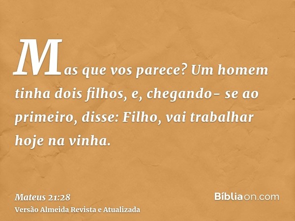 Mas que vos parece? Um homem tinha dois filhos, e, chegando- se ao primeiro, disse: Filho, vai trabalhar hoje na vinha.