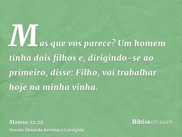 Mas que vos parece? Um homem tinha dois filhos e, dirigindo-se ao primeiro, disse: Filho, vai trabalhar hoje na minha vinha.