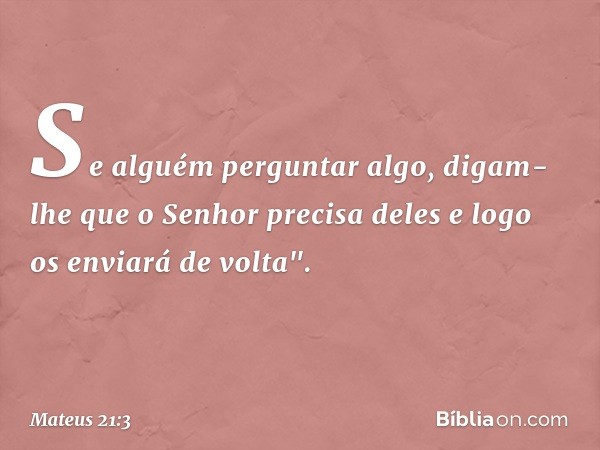 Se alguém perguntar algo, digam-lhe que o Senhor precisa deles e logo os enviará de volta". -- Mateus 21:3