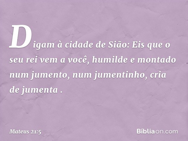 "Digam à cidade de Sião:
'Eis que o seu rei vem a você,
humilde e montado num jumento,
num jumentinho,
cria de jumenta' ". -- Mateus 21:5