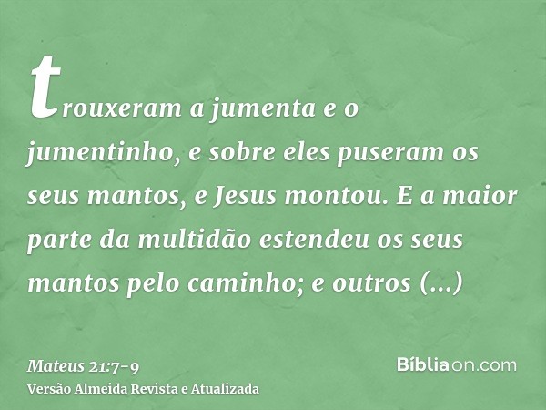 trouxeram a jumenta e o jumentinho, e sobre eles puseram os seus mantos, e Jesus montou.E a maior parte da multidão estendeu os seus mantos pelo caminho; e outr