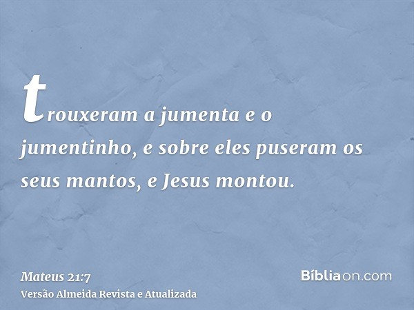 trouxeram a jumenta e o jumentinho, e sobre eles puseram os seus mantos, e Jesus montou.