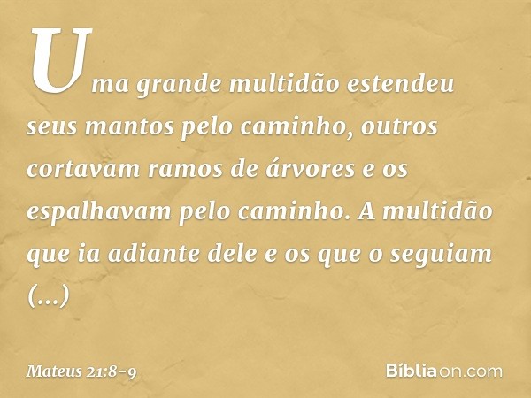 Uma grande multidão estendeu seus mantos pelo caminho, outros cortavam ramos de árvores e os espalhavam pelo caminho. A multidão que ia adiante dele e os que o 