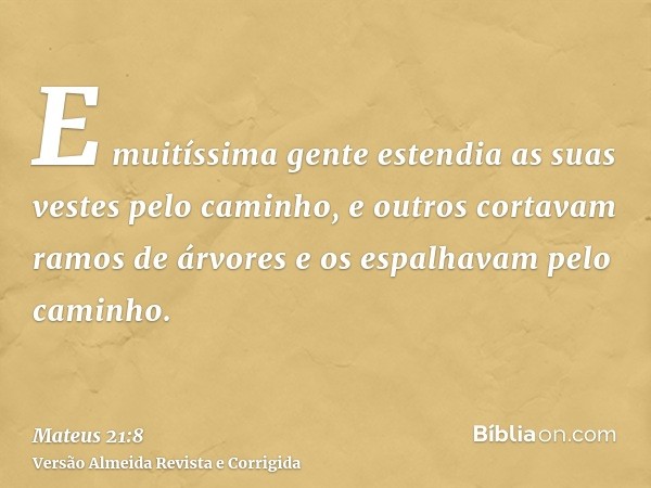 E muitíssima gente estendia as suas vestes pelo caminho, e outros cortavam ramos de árvores e os espalhavam pelo caminho.