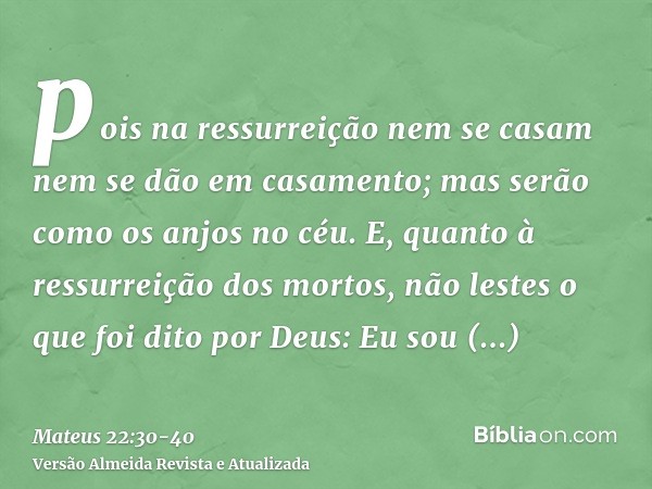 pois na ressurreição nem se casam nem se dão em casamento; mas serão como os anjos no céu.E, quanto à ressurreição dos mortos, não lestes o que foi dito por Deu