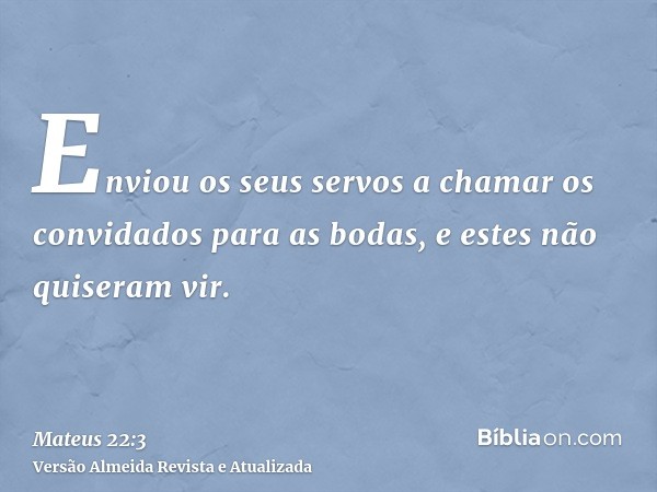 Enviou os seus servos a chamar os convidados para as bodas, e estes não quiseram vir.