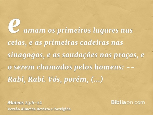 e amam os primeiros lugares nas ceias, e as primeiras cadeiras nas sinagogas,e as saudações nas praças, e o serem chamados pelos homens: -- Rabi, Rabi.Vós, poré