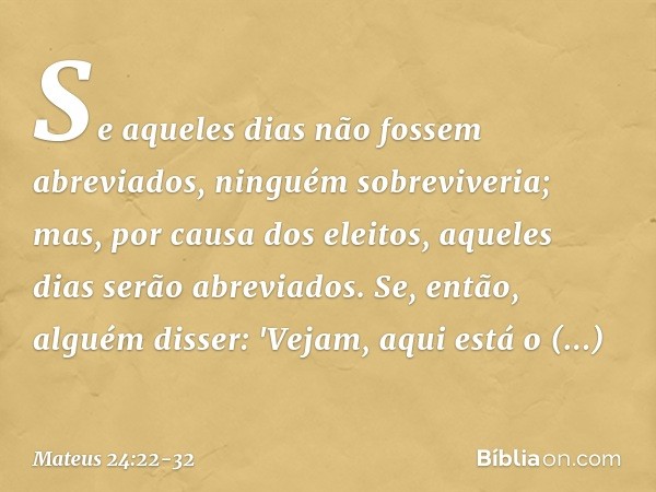 Se aqueles dias não fossem abreviados, ninguém sobreviveria; mas, por causa dos eleitos, aqueles dias serão abreviados. Se, então, alguém disser: 'Vejam, aqui e