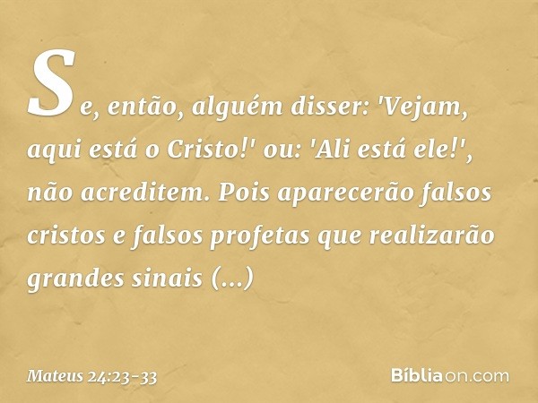 Se, então, alguém disser: 'Vejam, aqui está o Cristo!' ou: 'Ali está ele!', não acreditem. Pois aparecerão falsos cristos e falsos profetas que realizarão grand