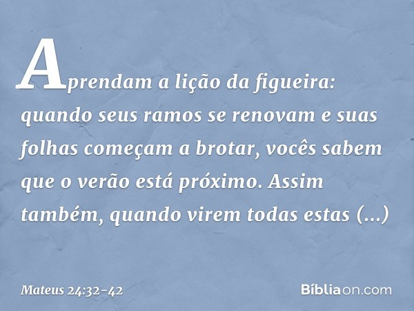 "Aprendam a lição da figueira: quando seus ramos se renovam e suas folhas começam a brotar, vocês sabem que o verão está próximo. Assim também, quando virem tod