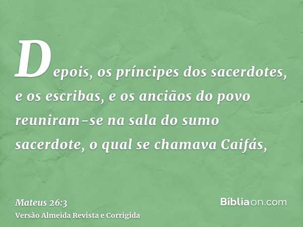 Depois, os príncipes dos sacerdotes, e os escribas, e os anciãos do povo reuniram-se na sala do sumo sacerdote, o qual se chamava Caifás,