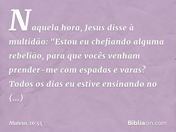 Naquela hora, Jesus disse à multidão: "Estou eu chefiando alguma rebelião, para que vocês venham prender-me com espadas e varas? Todos os dias eu estive ensinan