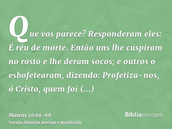 Que vos parece? Responderam eles: É réu de morte.Então uns lhe cuspiram no rosto e lhe deram socos;e outros o esbofetearam, dizendo: Profetiza-nos, ó Cristo, qu