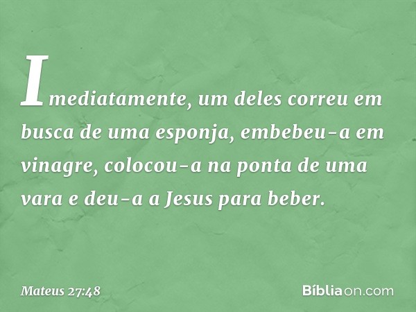 Imediatamente, um deles correu em busca de uma esponja, embebeu-a em vinagre, colocou-a na ponta de uma vara e deu-a a Jesus para beber. -- Mateus 27:48