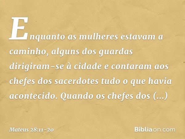 Enquanto as mulheres estavam a caminho, alguns dos guardas dirigiram-se à cidade e contaram aos chefes dos sacerdotes tudo o que havia acontecido. Quando os che