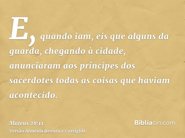 E, quando iam, eis que alguns da guarda, chegando à cidade, anunciaram aos príncipes dos sacerdotes todas as coisas que haviam acontecido.