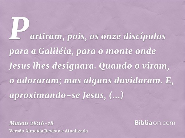 Partiram, pois, os onze discípulos para a Galiléia, para o monte onde Jesus lhes designara.Quando o viram, o adoraram; mas alguns duvidaram.E, aproximando-se Je