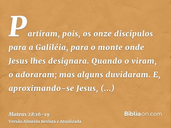 Partiram, pois, os onze discípulos para a Galiléia, para o monte onde Jesus lhes designara.Quando o viram, o adoraram; mas alguns duvidaram.E, aproximando-se Je