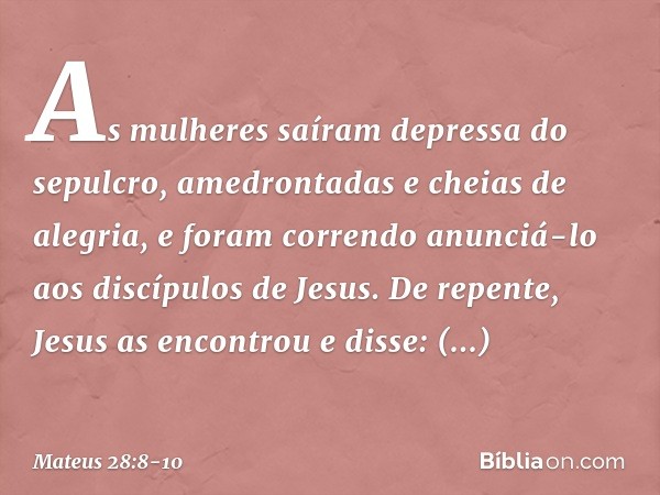 As mulheres saíram depressa do sepulcro, amedrontadas e cheias de alegria, e foram correndo anunciá-lo aos discípulos de Jesus. De repente, Jesus as encontrou e