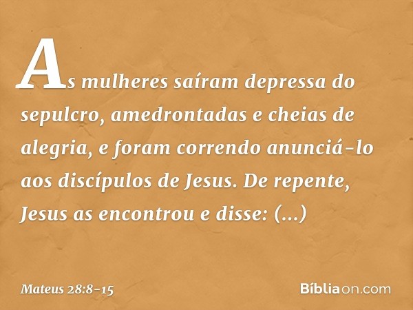 As mulheres saíram depressa do sepulcro, amedrontadas e cheias de alegria, e foram correndo anunciá-lo aos discípulos de Jesus. De repente, Jesus as encontrou e