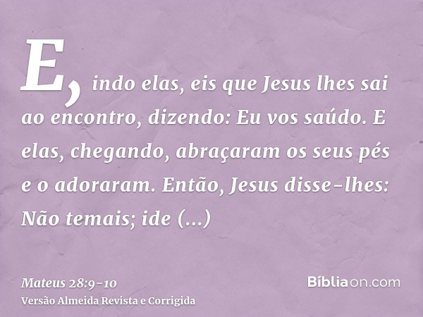 E, indo elas, eis que Jesus lhes sai ao encontro, dizendo: Eu vos saúdo. E elas, chegando, abraçaram os seus pés e o adoraram.Então, Jesus disse-lhes: Não temai