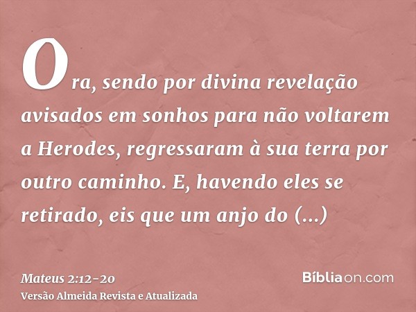 Ora, sendo por divina revelação avisados em sonhos para não voltarem a Herodes, regressaram à sua terra por outro caminho.E, havendo eles se retirado, eis que u