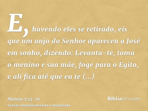 E, havendo eles se retirado, eis que um anjo do Senhor apareceu a José em sonho, dizendo: Levanta-te, toma o menino e sua mãe, foge para o Egito, e ali fica até