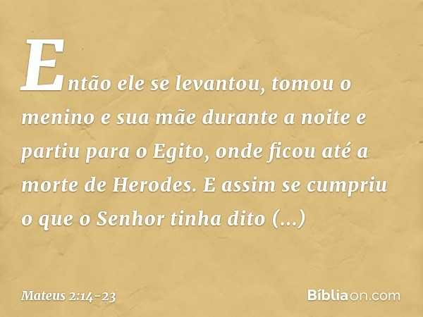 Então ele se levantou, tomou o menino e sua mãe durante a noite e partiu para o Egito, onde ficou até a morte de Herodes. E assim se cumpriu o que o Senhor tinh