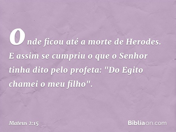 onde ficou até a morte de Herodes. E assim se cumpriu o que o Senhor tinha dito pelo profeta: "Do Egito chamei o meu filho". -- Mateus 2:15