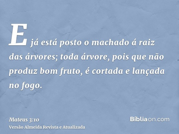 E já está posto o machado á raiz das árvores; toda árvore, pois que não produz bom fruto, é cortada e lançada no fogo.