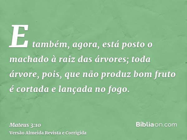 E também, agora, está posto o machado à raiz das árvores; toda árvore, pois, que não produz bom fruto é cortada e lançada no fogo.
