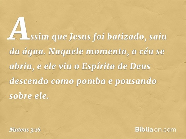 Assim que Jesus foi batizado, saiu da água. Naquele momento, o céu se abriu, e ele viu o Espírito de Deus descendo como pomba e pousando sobre ele. -- Mateus 3: