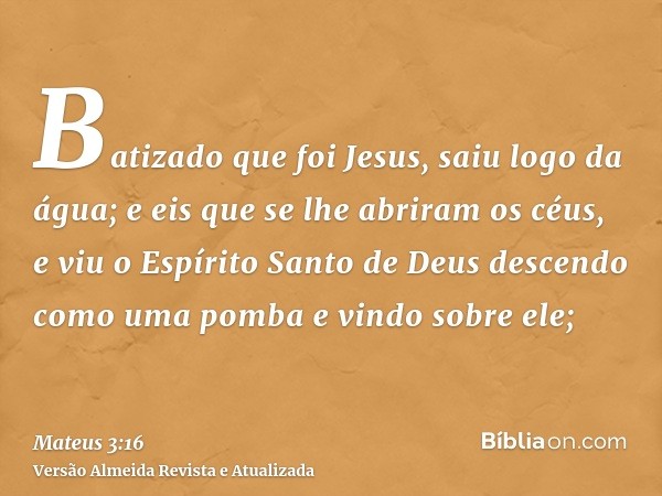 Batizado que foi Jesus, saiu logo da água; e eis que se lhe abriram os céus, e viu o Espírito Santo de Deus descendo como uma pomba e vindo sobre ele;