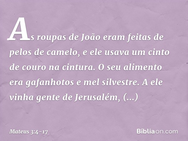As roupas de João eram feitas de pelos de camelo, e ele usava um cinto de couro na cintura. O seu alimento era gafanhotos e mel silvestre. A ele vinha gente de 