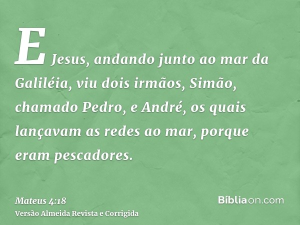 E Jesus, andando junto ao mar da Galiléia, viu dois irmãos, Simão, chamado Pedro, e André, os quais lançavam as redes ao mar, porque eram pescadores.