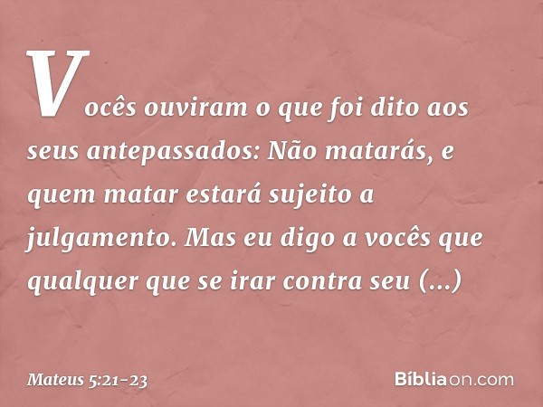 "Vocês ouviram o que foi dito aos seus antepassados: 'Não matarás', e 'quem matar estará sujeito a julgamento'. Mas eu digo a vocês que qualquer que se irar con