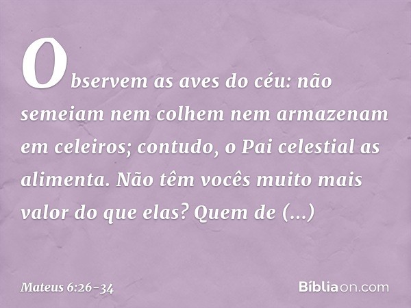 Observem as aves do céu: não semeiam nem colhem nem armazenam em celeiros; contudo, o Pai celestial as alimenta. Não têm vocês muito mais valor do que elas? Que