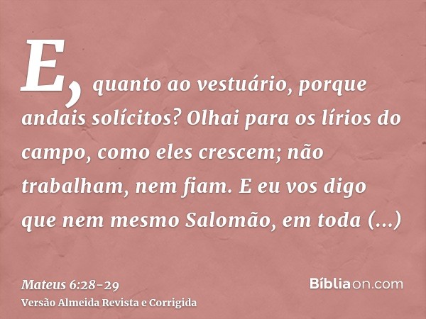 E, quanto ao vestuário, porque andais solícitos? Olhai para os lírios do campo, como eles crescem; não trabalham, nem fiam.E eu vos digo que nem mesmo Salomão, 