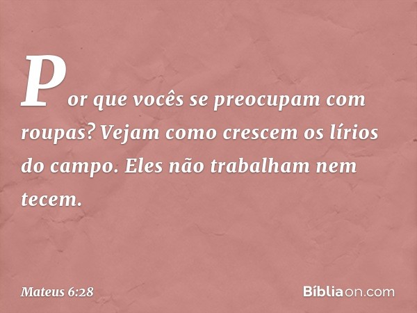 "Por que vocês se preocupam com roupas? Vejam como crescem os lírios do campo. Eles não trabalham nem tecem. -- Mateus 6:28