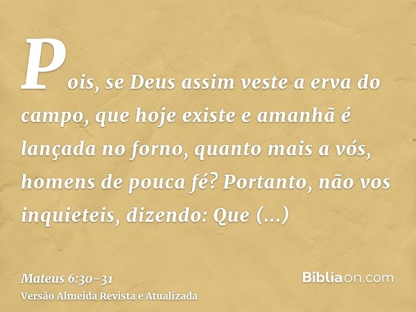 Pois, se Deus assim veste a erva do campo, que hoje existe e amanhã é lançada no forno, quanto mais a vós, homens de pouca fé?Portanto, não vos inquieteis, dize