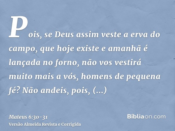 Pois, se Deus assim veste a erva do campo, que hoje existe e amanhã é lançada no forno, não vos vestirá muito mais a vós, homens de pequena fé?Não andeis, pois,