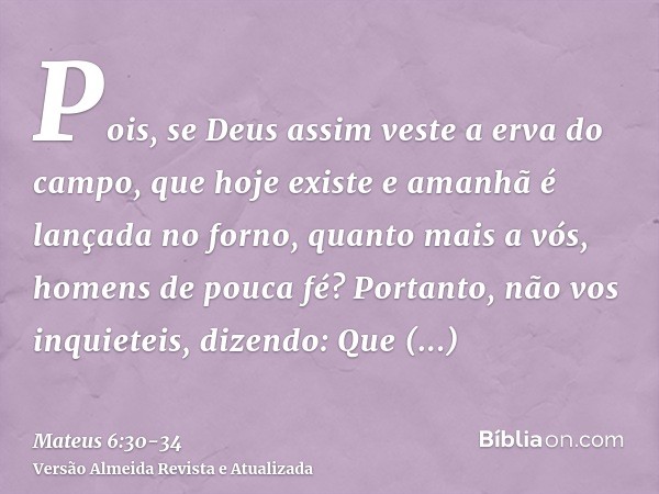 Pois, se Deus assim veste a erva do campo, que hoje existe e amanhã é lançada no forno, quanto mais a vós, homens de pouca fé?Portanto, não vos inquieteis, dize