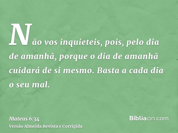 Não vos inquieteis, pois, pelo dia de amanhã, porque o dia de amanhã cuidará de si mesmo. Basta a cada dia o seu mal.