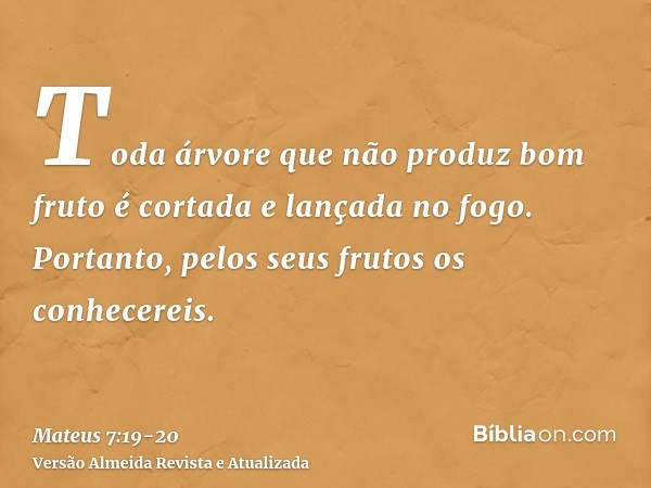 Toda árvore que não produz bom fruto é cortada e lançada no fogo.Portanto, pelos seus frutos os conhecereis.