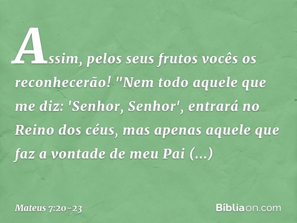 Assim, pelos seus frutos vocês os reconhecerão! "Nem todo aquele que me diz: 'Senhor, Senhor', entrará no Reino dos céus, mas apenas aquele que faz a vontade de