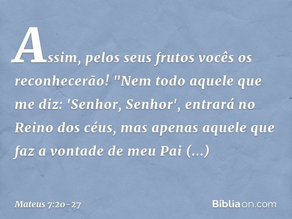 Assim, pelos seus frutos vocês os reconhecerão! "Nem todo aquele que me diz: 'Senhor, Senhor', entrará no Reino dos céus, mas apenas aquele que faz a vontade de