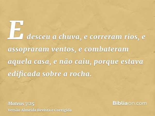 E desceu a chuva, e correram rios, e assopraram ventos, e combateram aquela casa, e não caiu, porque estava edificada sobre a rocha.